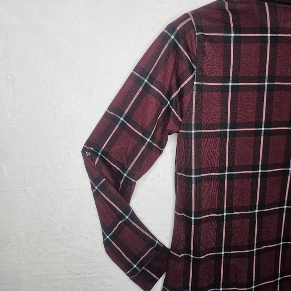 Womens Large Long Sleeve Pockets Button Front Plaid Burgundy Black - Picture 8 of 16